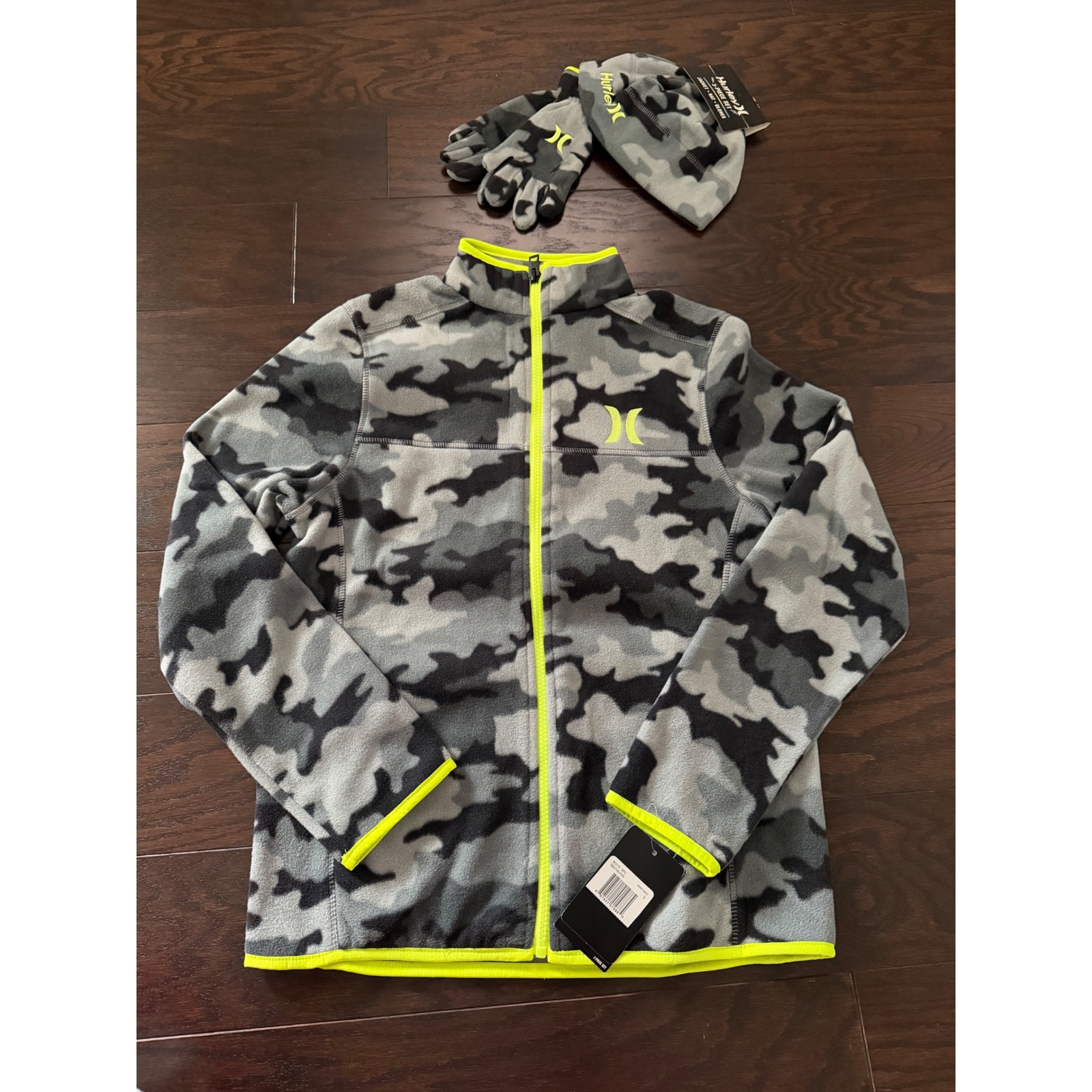 Hurley Kids 3piece Fleece Jacket Hat-Gloves Set Gray Camo Neon Yellow L 12-14